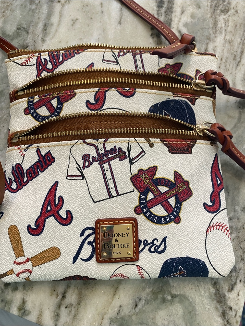 Dooney & Bourke White Atlanta Braves Print Crossbody with Brown Trim - Picture 3 of 8